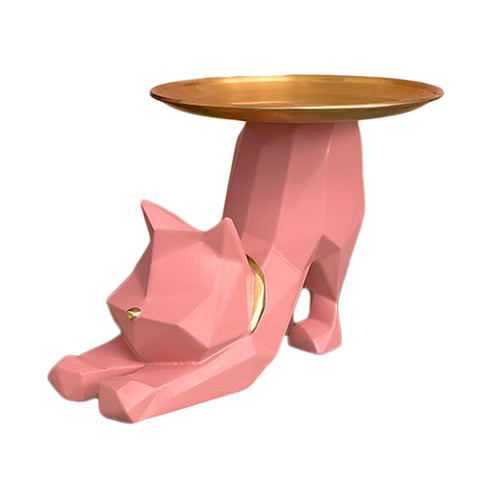 Statue de chat rose qui s'étire